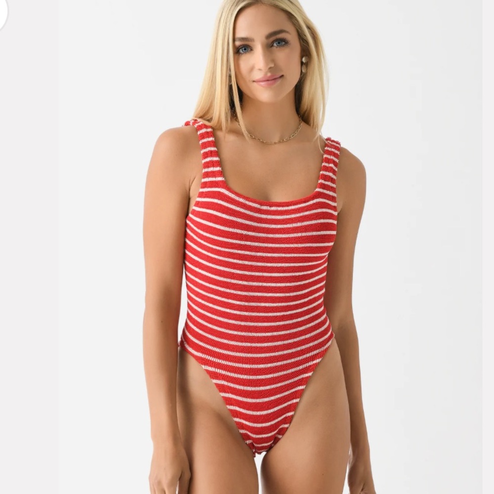 Hunza G Red and White Striped Knit One-Piece Swimsuit